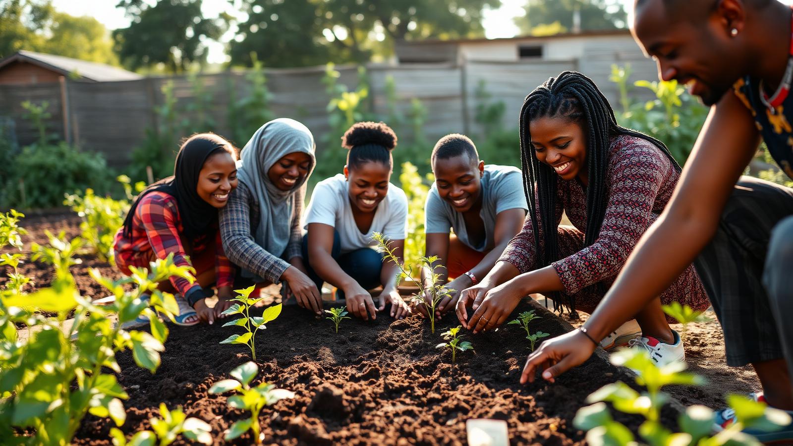 Community members planting seedlings together in a productive garden