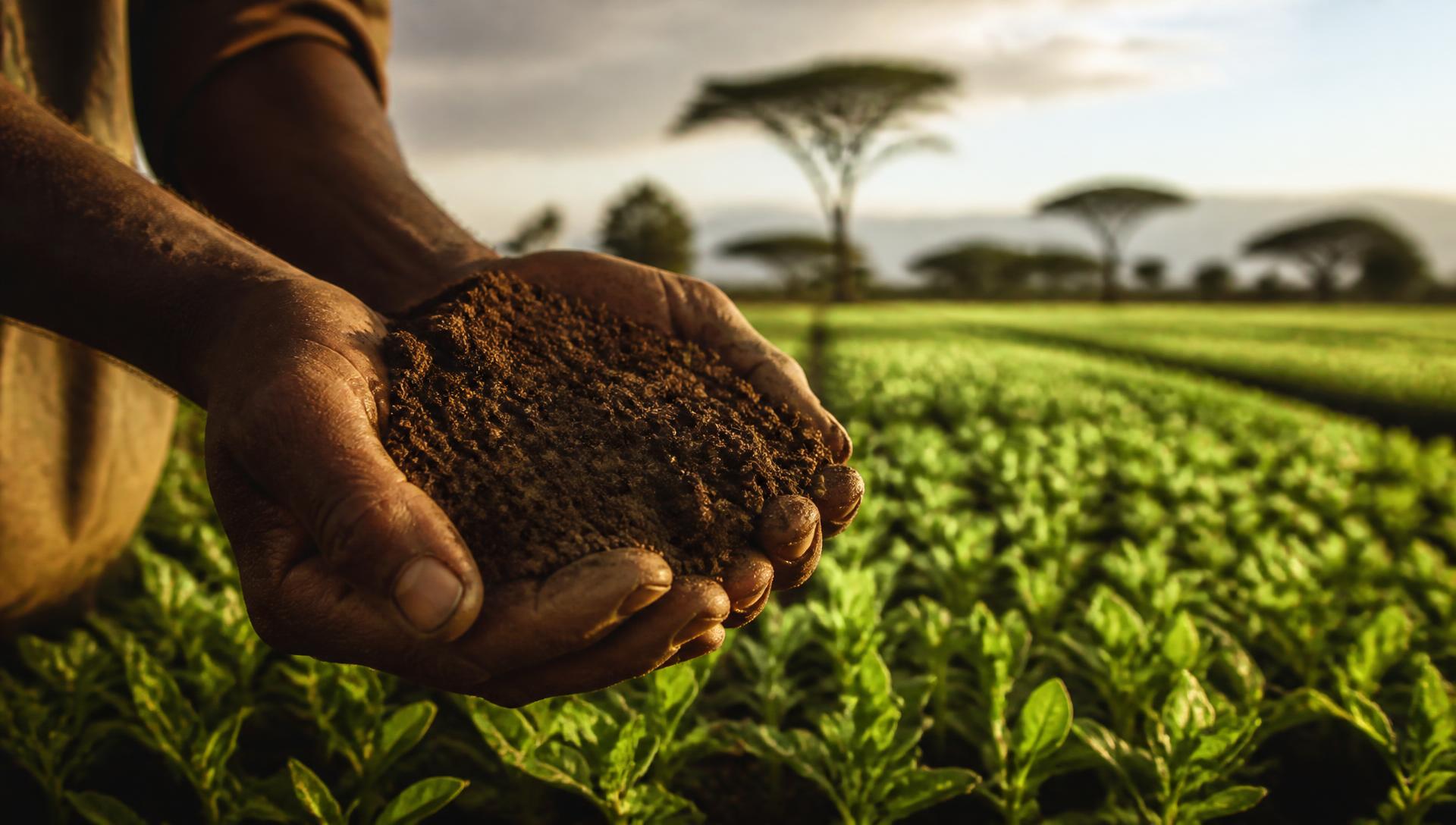 Farmer holding rich dark soil above rows of young green crops in an African landscape